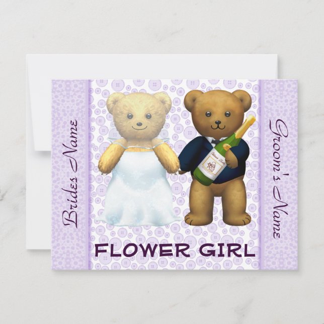 Blomsterflicka - Teddybjörnar lila bröllopsinbjuda Inbjudningar (Framsida)