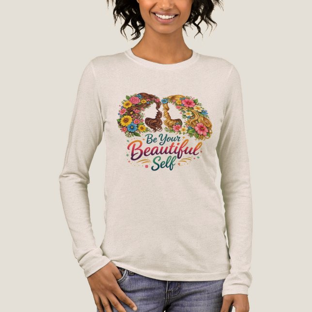 Blomsterflicka “Var din vackra själv” långärmad T- T Shirt (Framsida)