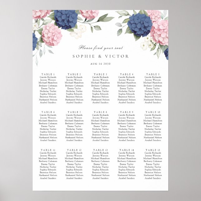 Blomsterg Hydrangea 15 Bord Bröllop Platsindelning Poster (Framsidan)
