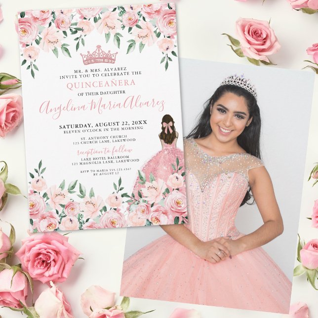Blomstergalleri Rosa Quinceanera Inbjudningar (Floral Photo Blush Pink Quinceanera Invitation)