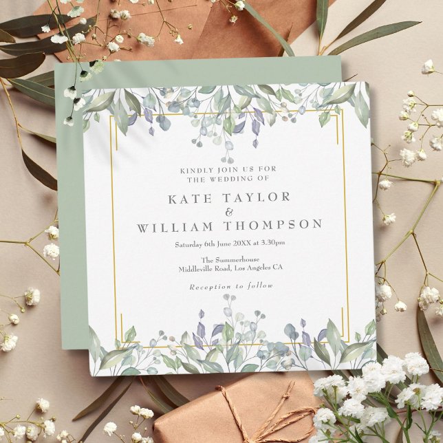 Blomstergin Lilafärgad Grönska Fyrkantig Bröllopsi Inbjudningar (Floral Sage Lilac Greenery Square Wedding Invitation)