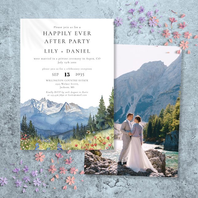Blomsterglasberget Bröllopsfoto för Alltid Lycklig Inbjudningar (Happily Ever After Watercolor Mountain Photo Invitation)