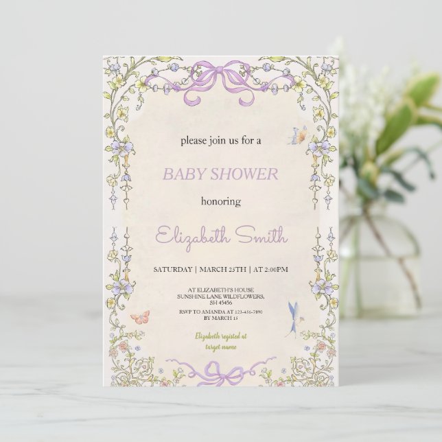 Blomstergodsakral lila babyshower-festlig inbjudan (Stående Fram)