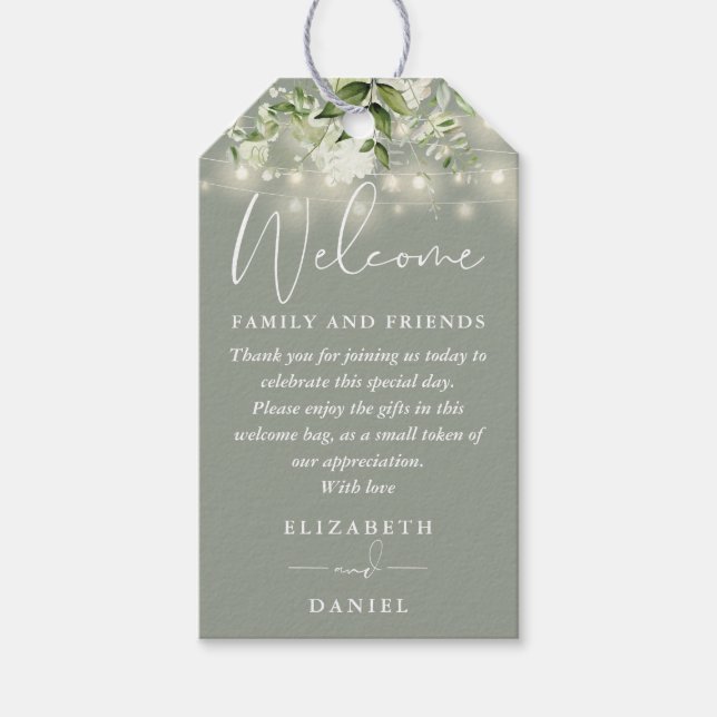 Blomstergrön välkomstkorgpåse i salvia presentetikett (Framsidan)