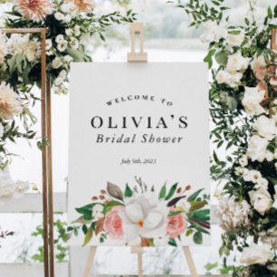 Blomstergron vit rosa bröllopsdusch välkomstskylt poster
