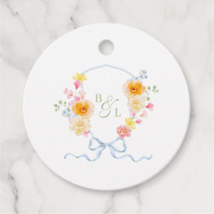 Blomstergudinettmonogram Blått band Vårbröllop Gåvor Etiketter