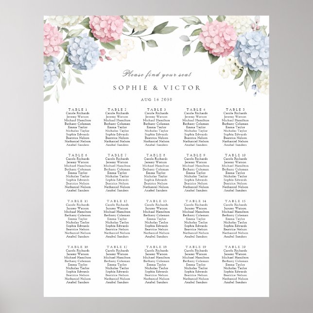 Blomsterguidea Hydrangea 20 Bord Bröllops Sittplan Poster (Framsidan)