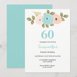 Blomstergul-teal & persika 60-årsfestinladan inbjudningar
