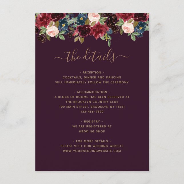 Blomsterguld burgunderfärgad marinblå plommonfärg  tilläggskort (Framsida)