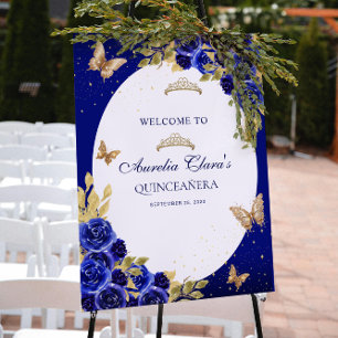 Blomsterguld Tiara Fjäril Royal Blue Quinceañera Poster