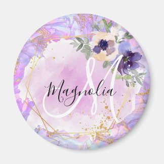 Blomstergult, rosa och guld regnbågig marmor-monog magnet