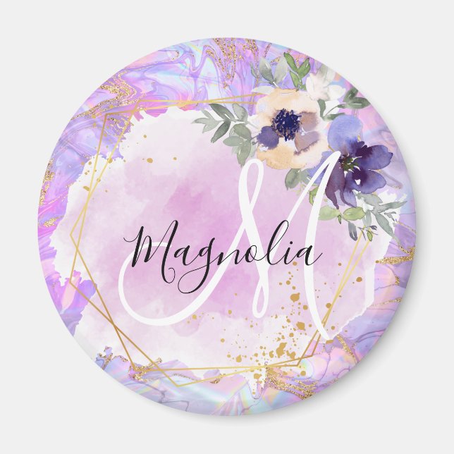 Blomstergult, rosa och guld regnbågig marmor-monog magnet (Framsidan)