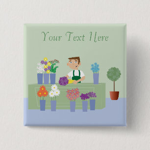 Blomsterhandlarearbete i lager med blommapersonlig knapp