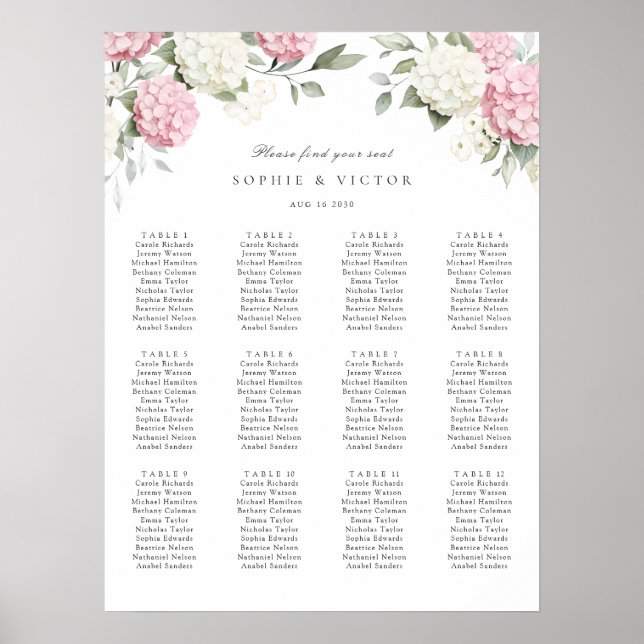 Blomsterhydrangea 12 Bord Bröllops Sittplan Poster (Framsidan)