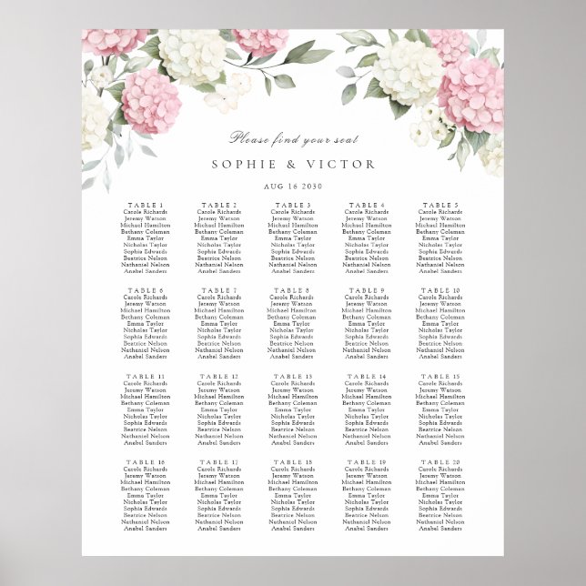 Blomsterhydrangea 20 Bord Bröllops Sittplan Poster (Framsidan)