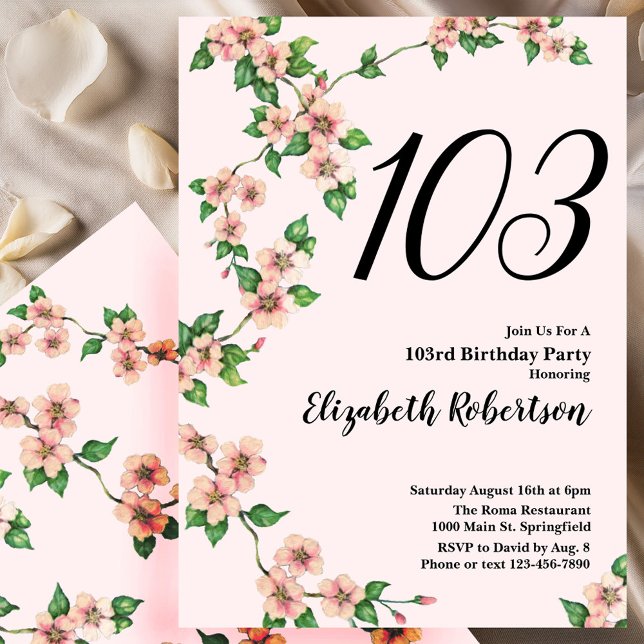 Blomsterinbjudan för 103-årsdag i rosablush inbjudningar (Skapare uppladdad)