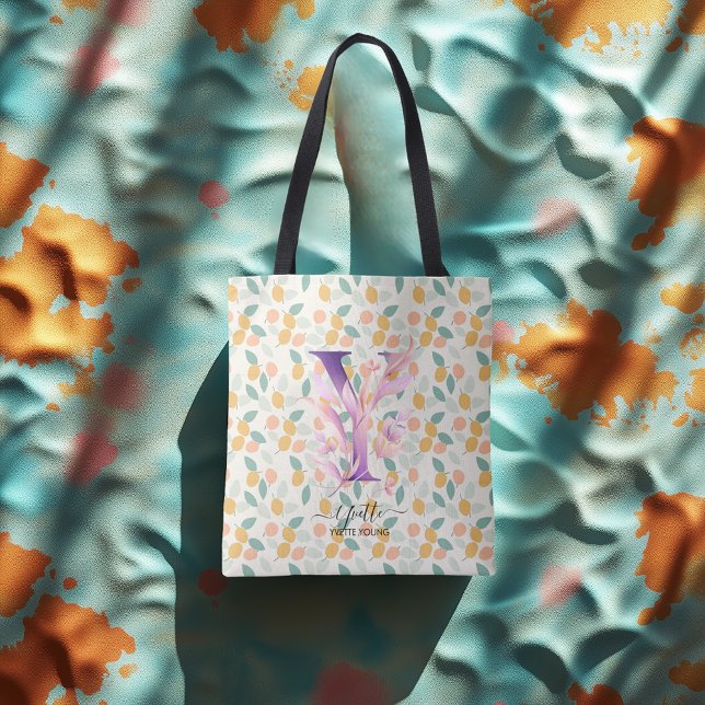 Blomsterinitial Y Totebag med Boho Pastellmönster Tygkasse (Skapare uppladdad)
