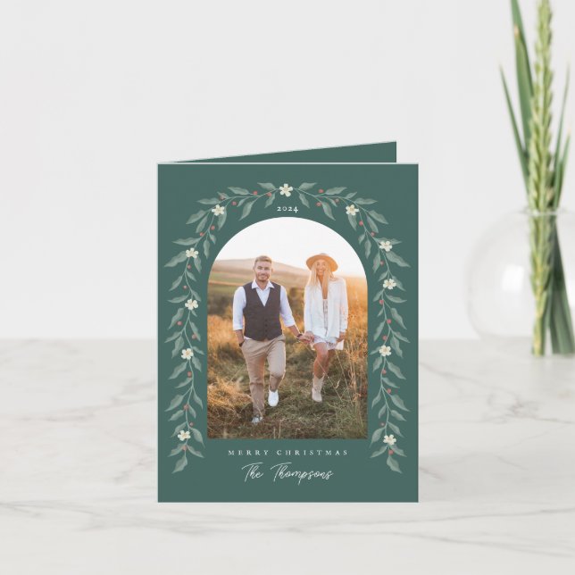 Blomsterkrans Böjd Foto Grön Julkort Helgkort (Framsida)