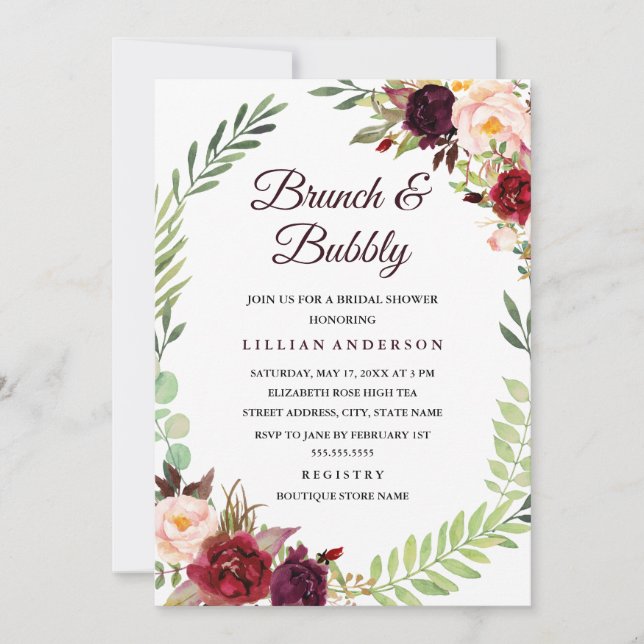 Blomsterkrans Brunch och Bubbly Bröllopsfest Inbjudningar (Framsida)