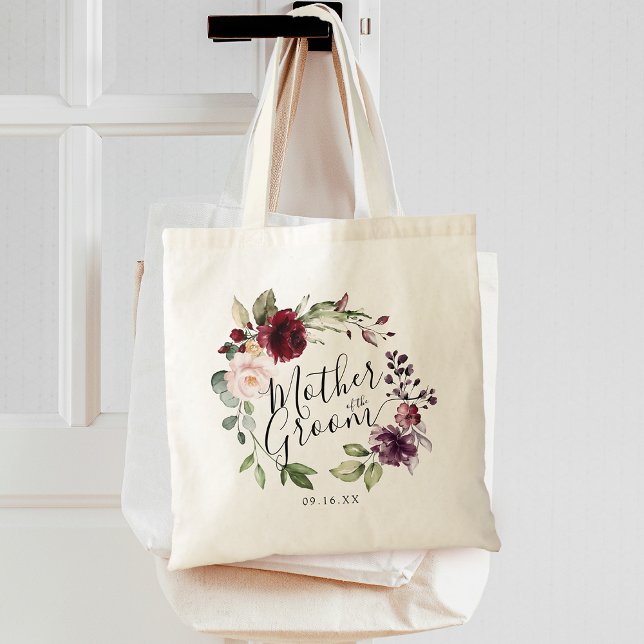 Blomsterkrans Burgunder Rodnad Mor till Brudgummen Tygkasse (Floral Wreath Burgundy Blush Mother of the Groom Tote Bag)