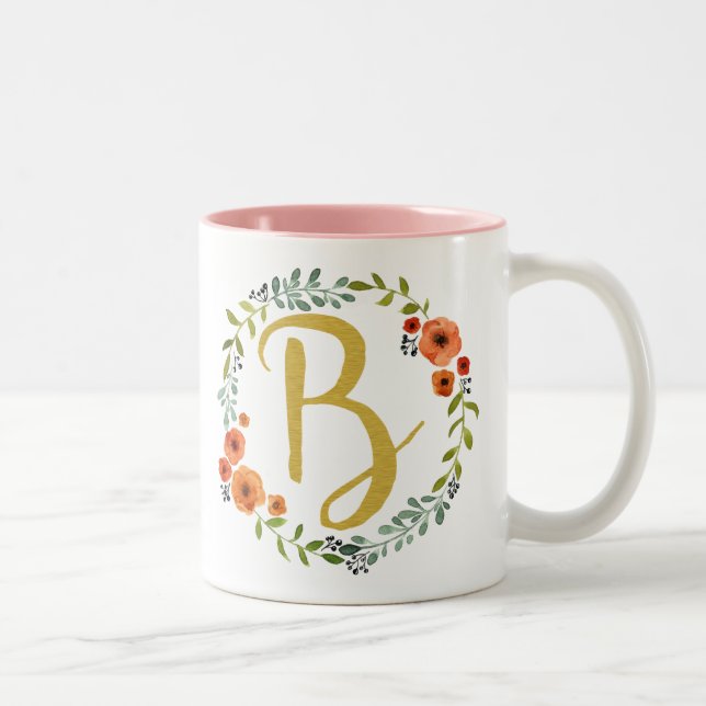Blomsterkrans Guld Monogram Initial B Två-Tonad Mugg (Höger)