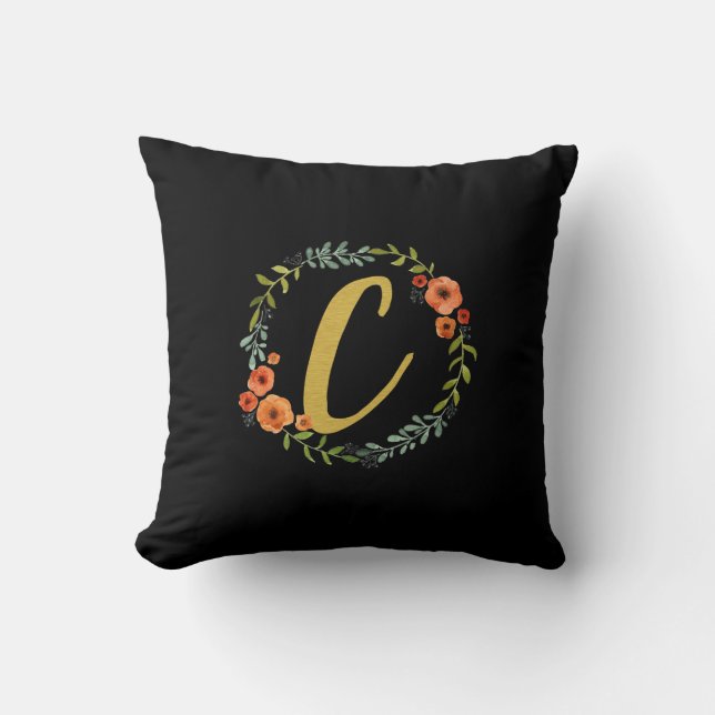 Blomsterkrans Guld Monogram Initial C Kudde (Framsida)