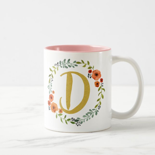 Blomsterkrans Guld Monogram Initial D Två-Tonad Mugg (Höger)