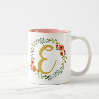 Blomsterkrans Guld Monogram Initial E Två-Tonad Mugg