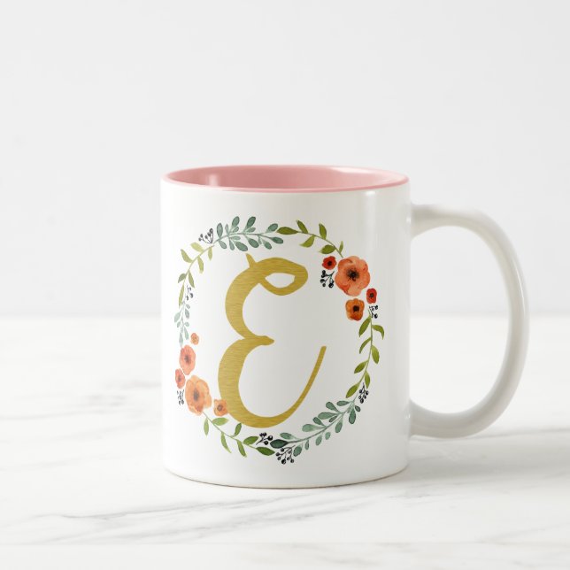 Blomsterkrans Guld Monogram Initial E Två-Tonad Mugg (Höger)