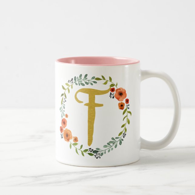 Blomsterkrans Guld Monogram Initial F Två-Tonad Mugg (Höger)