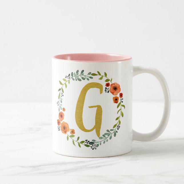 Blomsterkrans Guld Monogram Initial G Två-Tonad Mugg (Höger)