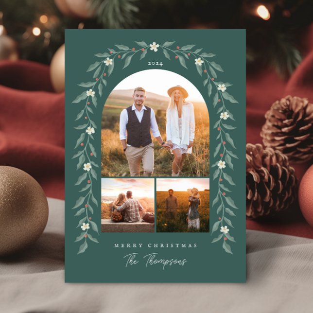Blomsterkrans välvd 3 Foto Grön Julkort (Floral Garland Arched 3 Photo Green Christmas Card)