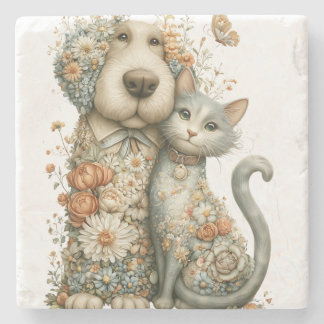 Blomsterkronad hund och katt bästa vänner stenunderlägg