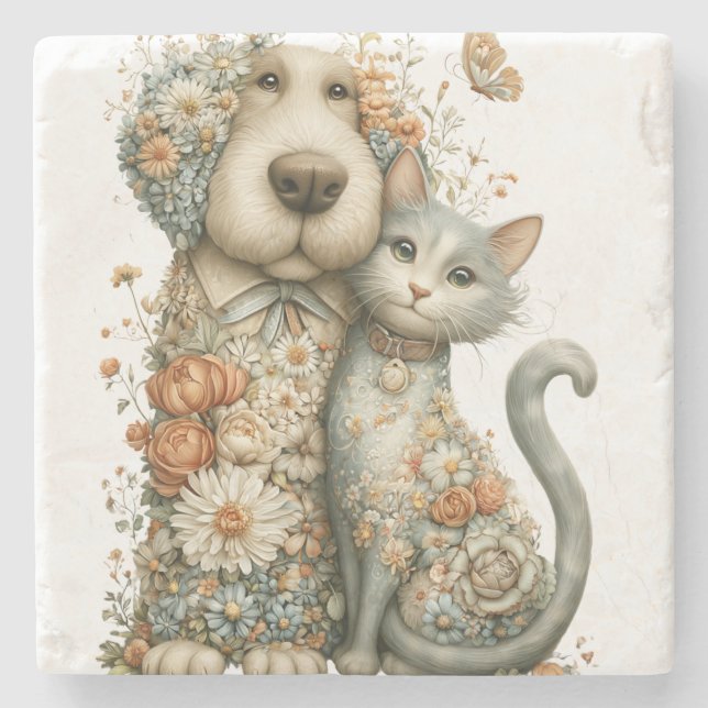 Blomsterkronad hund och katt bästa vänner stenunderlägg (Framsidan)