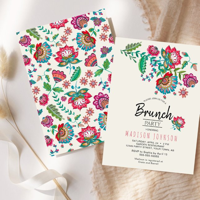 Blomsterlig Brunchfest Inbjudan Färggranna Blommor (Floral Brunch Party Invitation Colorful Flowers)