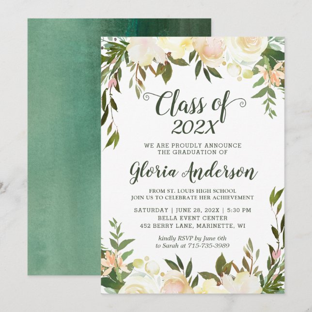 Blomsterlig examensfestinbjudan inbjudningar (Fram/baksida)