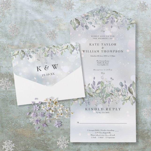 Blomsterlig Salvia Och Lilamönster Vinterbröllop (Floral Sage And Lilac Monogram Winter Wedding All In One Invitation)