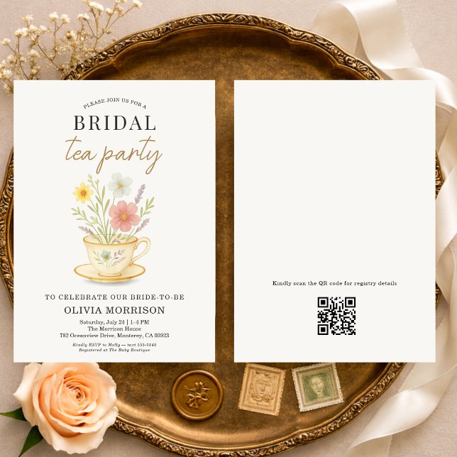 Blomsterlig Tea Party QR-kod Bröllopsdusch Inbjudningar (Skapare uppladdad)