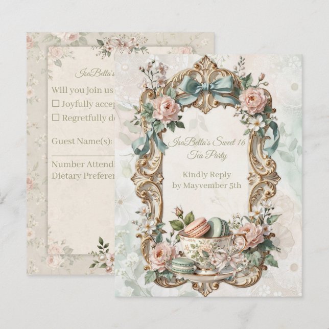 Blomsterlig Tea Party Sweet 16 RSVP-kort OSA Kort (Fram/baksida)