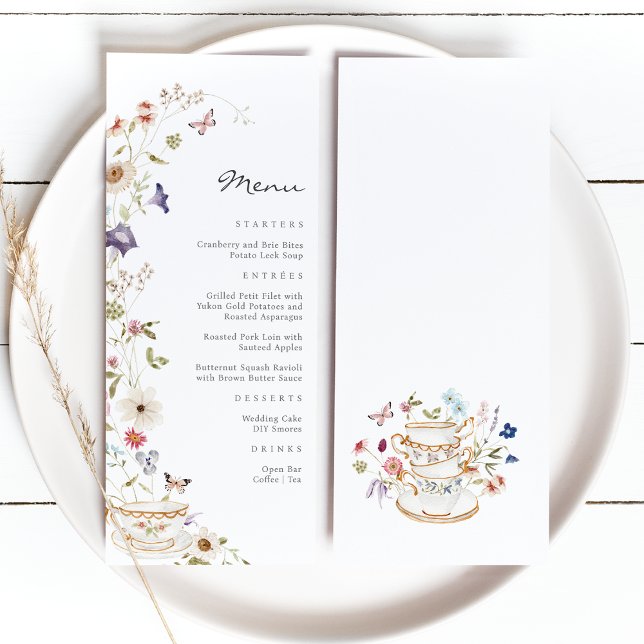 Blomsterlig tebjudningsmeny meny (Wildflower Watercolor Floral with Butterflies Tea Party Menu by Painted Paperie
)