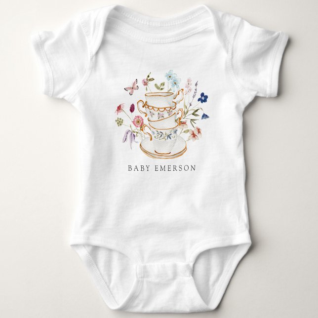 Blomsterlig tekopp t shirt (Wildflower Floral Tea Cup Party Baby Bodysuit by Painted Paperie
)