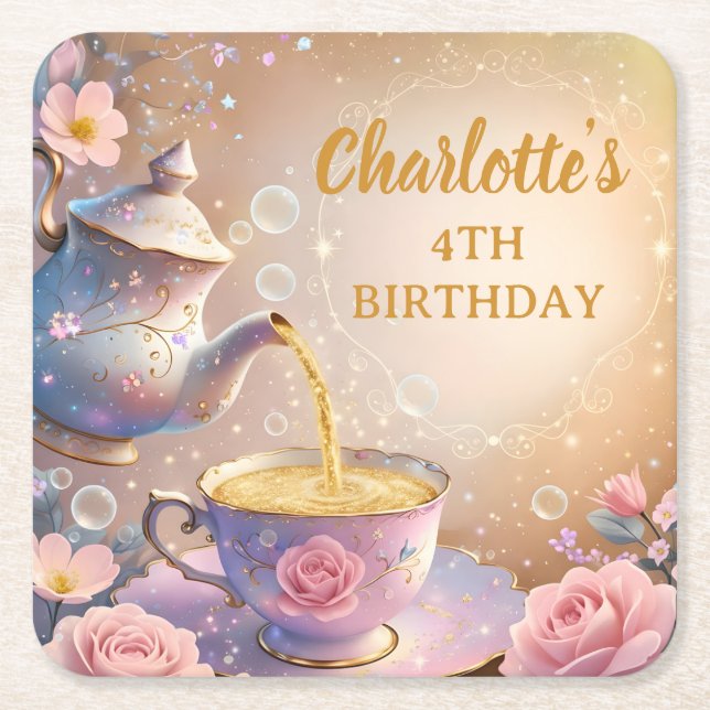 Blomsterlig tekopp & tekanna - Pastell färgad eleg Underlägg Papper Kvadrat (Framsidan)