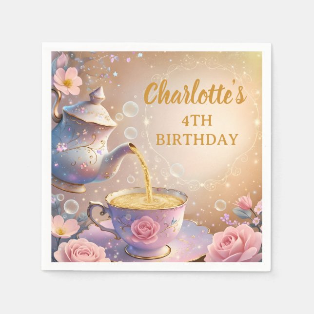 Blomsterlig tekopp & tekanna - Pastellfärgad elega Pappersservett (Framsidan)