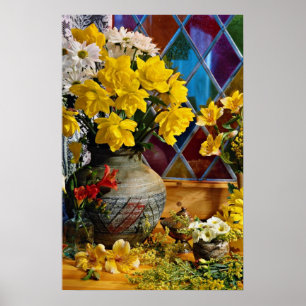 Blomsterliv med fönsterblommor poster