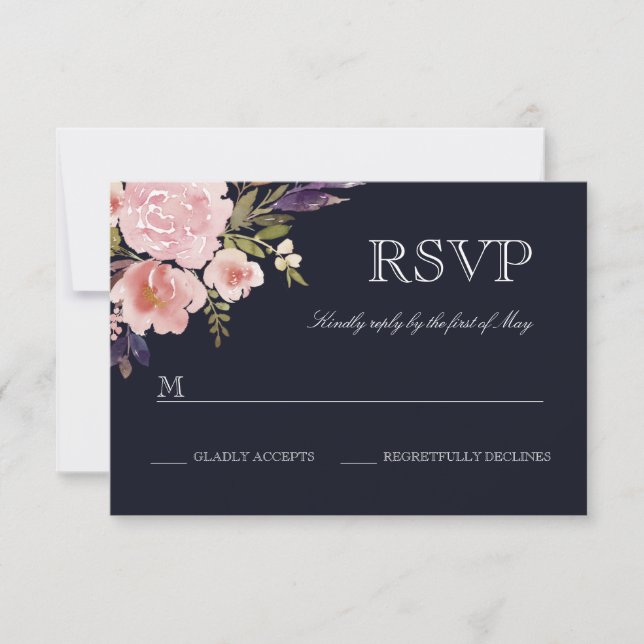 Blomstermålade pioner rosa marinblå RSVP OSA Kort (Framsida)
