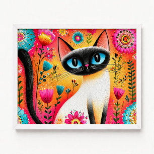 Blomstermålning med rosa och orange siamesisk katt poster
