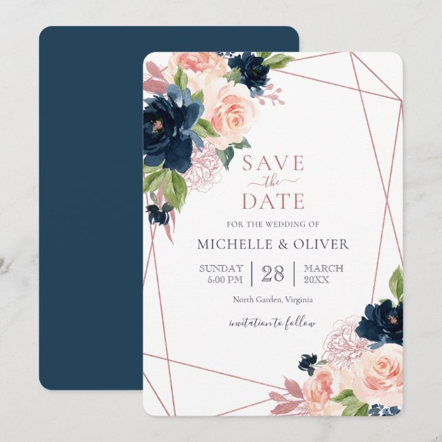 Blomstermönster Marinblå och Rosé Geometrisk Save  Inbjudningar (Fram/baksida)