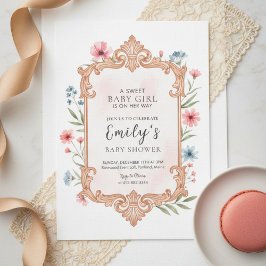 Blomstermönstrad Babyflicka Barnkalas Inbjudan Ram
