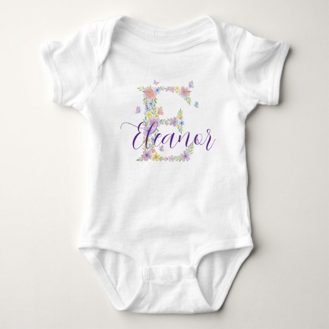 Blomstermönstrad Bokstav E Personlig Babybodi T Shirt (Framsida)