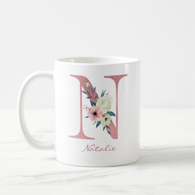 Blomstermönstrad bokstav N initial - Rosa och elfe Kaffemugg (Vänster)
